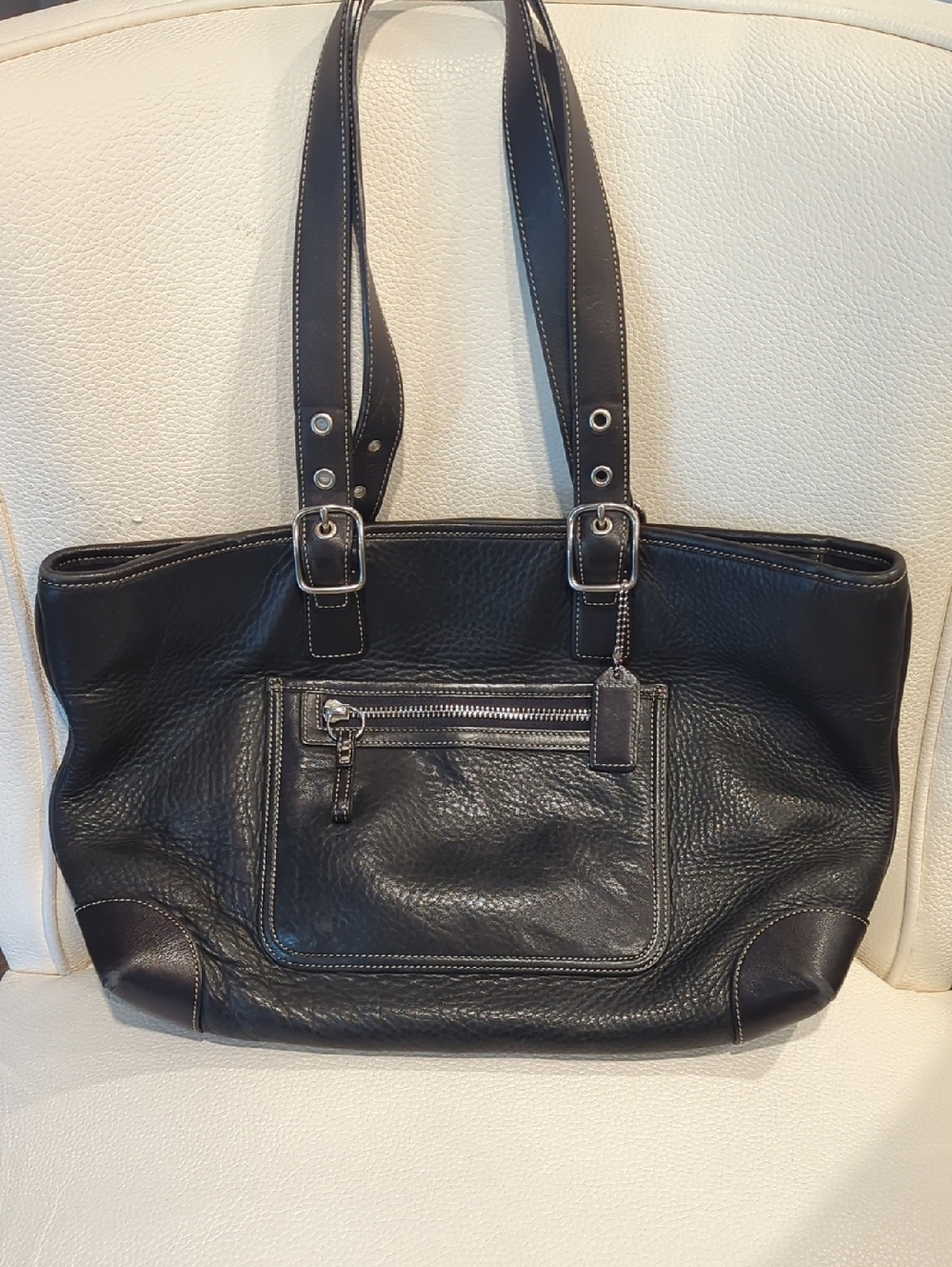 Coach Black Leather Shoulder Tote with Front Zip Pocket